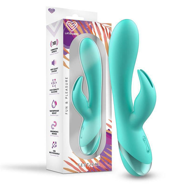 Vibe Pertes USB Blue vibrator with ergonomic design and 10 vibration functions, shown with packaging for discreet pleasure.