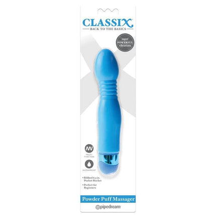 Vibe Powder Puff multi-speed vibrator in blue packaging, ideal for beginners, featuring a soft TPR touch and waterproof design.