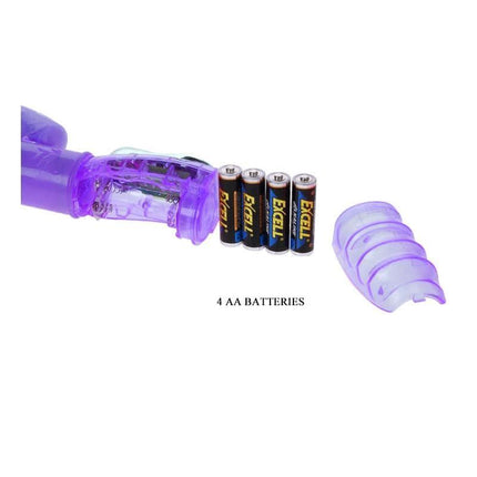 Vibe Purple vibrator with battery compartment and 4 AA batteries displayed