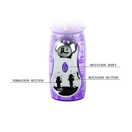 Vibe Purple vibrator controls showing vibration and rotation settings, designed for comfortable and discreet use.