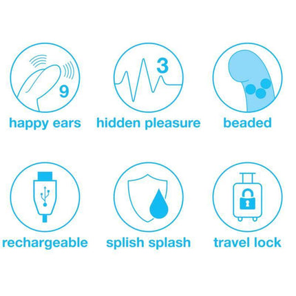 Icons representing features of Vibe Rotator Beaded G-Spot Purple: happy ears, hidden pleasure, beaded, rechargeable, splish splash, travel lock.