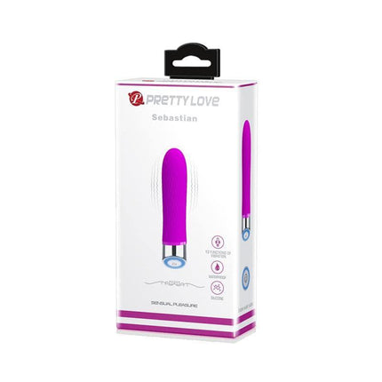 Packaging of Vibe Sebastian Silicone Purple vibrator featuring a sleek design with 12 vibration patterns for enhanced pleasure.