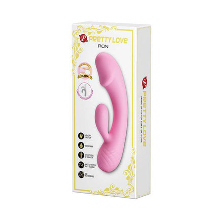 Vibe Smart Ron pink dual-motor vibrator packaging showcasing product design and features for G-spot and clitoral stimulation.