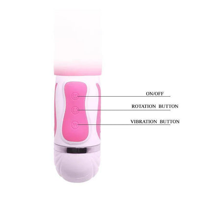 Vibe Steven Pink with labeled on/off, rotation, and vibration buttons for enhanced control and pleasure.