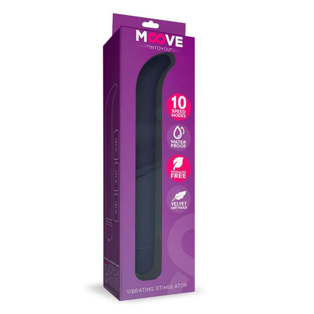 Vibe Stimulator G-spot 10 functions Purple in packaging, Moove brand, sleek design, 10 vibration modes, skin-friendly material.
