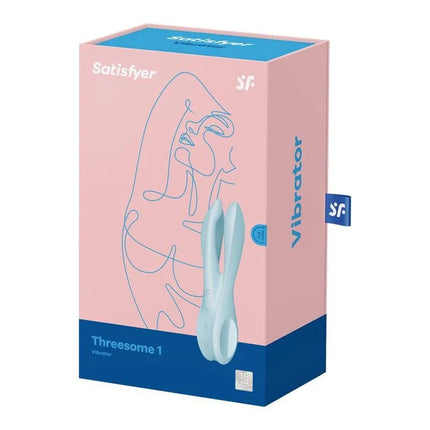 Vibe Threesome 1 Light Blue vibrator packaging with innovative design and three flexible arms for clitoral and labia stimulation.