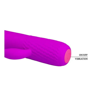 Vibe Tim USB Silicone Purple flexible elongated vibrator with clitoral stimulator, shown with on/off vibration button in purple color.