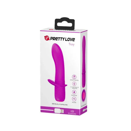 Vibe Troy USB Silicona Purple vibrator in packaging, highlighting features like silicone texture, USB power, and 12 vibration functions.