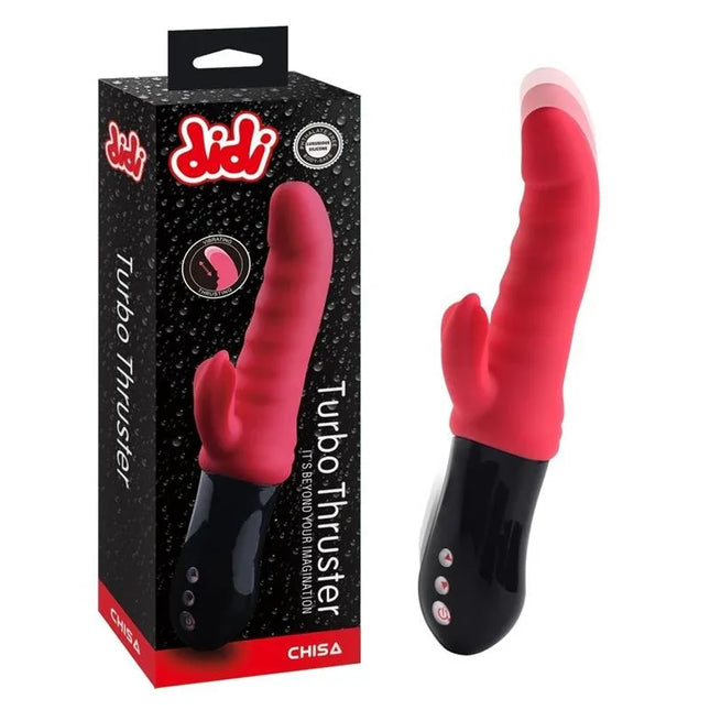 Vibe Turbo Thruster dual-motor rabbit vibrator for G-spot and clitoral stimulation next to its packaging