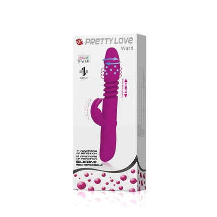 Box of Vibe Ward Purple multifunction vibrator with bunny ears, USB rechargeable, featuring 12 vibration and 4 rotation functions.