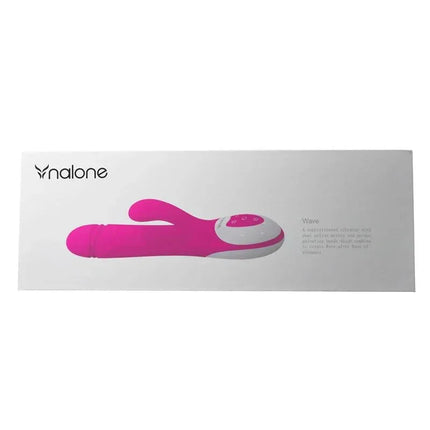 Packaging of Vibe Wave Fuchsia dual-action vibrator with dual rotation cores and robust motors for intense pleasure.