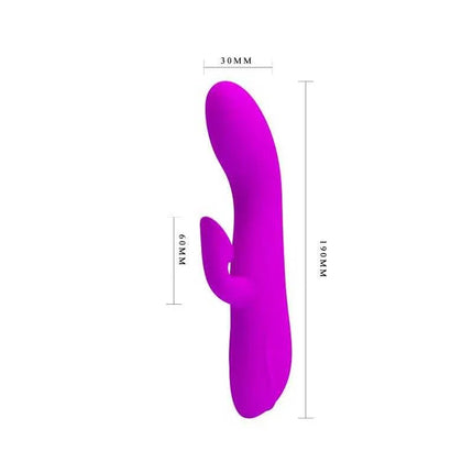 Vibe with Clitoris Sucker, premium silicone vibrator with clitoral stimulator and G-spot curved shaft, purple design with dimensions.
