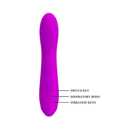 Purple silicone Vibe with Clitoris Sucker showing switch key, inspiratory bond, and vibration keys for dual stimulation.