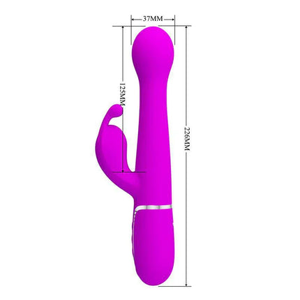 Vibe with Thrusting and Rotating Beads Dejon Pink dual-motor vibrator in pink, featuring dimensions 220mm x 37mm.