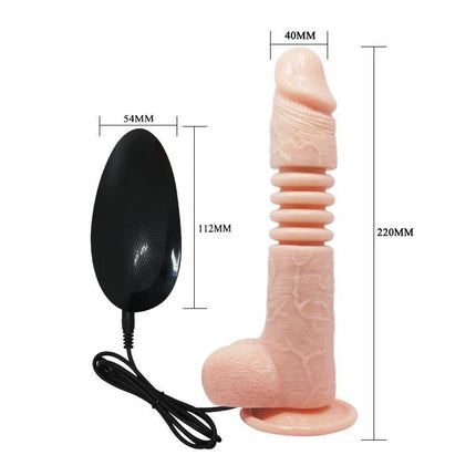 Vibe with Thrusting and Rotating Function Thunder Up with remote control and dimensions shown