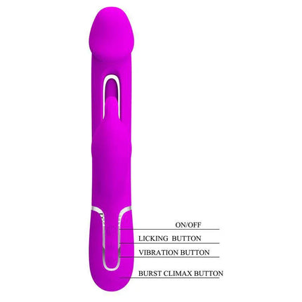 Vibe with Tongue Kampas Pink rechargeable dual-motor vibrator with labeled buttons for customizable pleasure