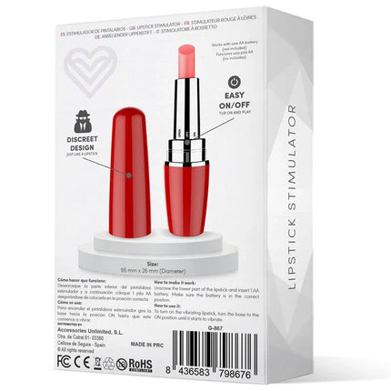 Packaging of Viblips Lipstick Stimulator Red showcasing its discreet lipstick design and unique vibration features.