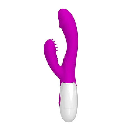 Vibrador Andre Color Púrpura with dual stimulation, curved design, and textured clitoral stimulator, offering 7 vibration functions.