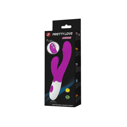 Vibrador Andre Color Púrpura in packaging, features dual stimulation with textured clitoral stimulator and 7 vibration functions.
