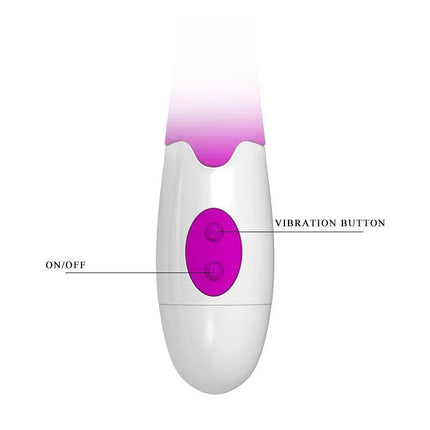 Vibrador Andre Color Púrpura with dual stimulation, featuring vibration button and on/off controls for personalized pleasure.
