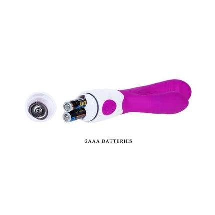 Vibrador Andre Color Púrpura with battery compartment open showing 2 AAA batteries included