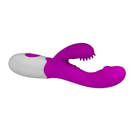 Vibrador Andre Color Púrpura with dual stimulation and textured clitoral stimulator, featuring 7 vibration and 3 movement functions