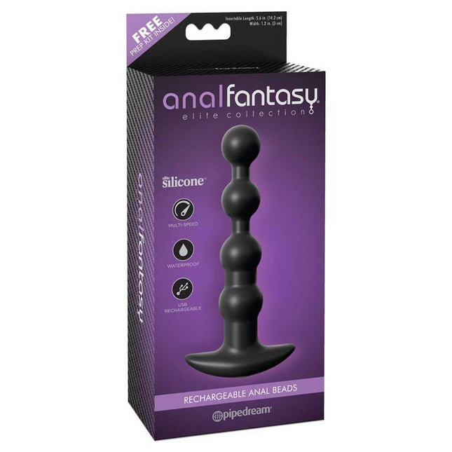 Vibrating Anal Beads Black silicone toy in packaging with USB recharge and one-button interface.