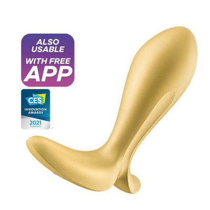 Vibrating Anal Plug with APP Satisfyer Connect Intensity Plug in gold, app-controlled for enhanced pleasure, with award sticker.