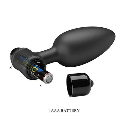 Vibrating Anal Plug with battery compartment open showing 1 AAA battery, highlighting its 10-function silicone vibration feature.
