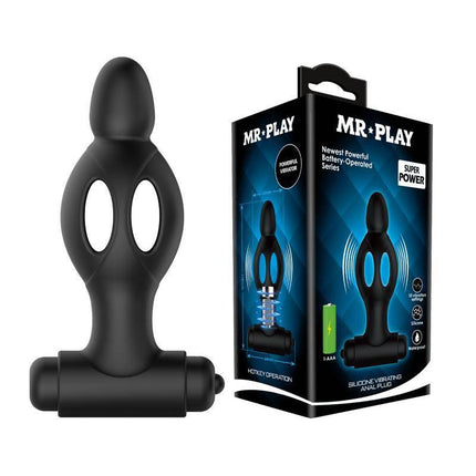 Vibrating Anal Plug with matte black silicone design and packaging, featuring a comfortable and smooth bulbous tip.