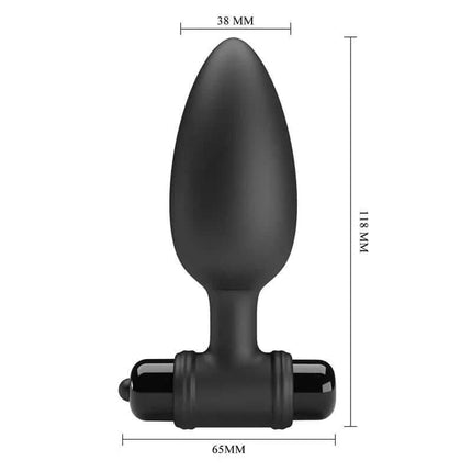 Black Vibrating Anal Plug with size dimensions, featuring ergonomic design and 10 vibration modes for enhanced stimulation.