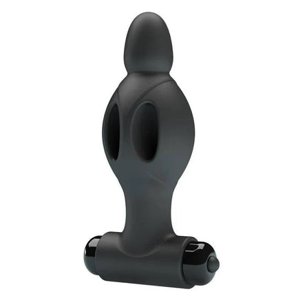 Vibrating Anal Plug in matte black silicone with cutaway design for easy insertion and comfortable wear.