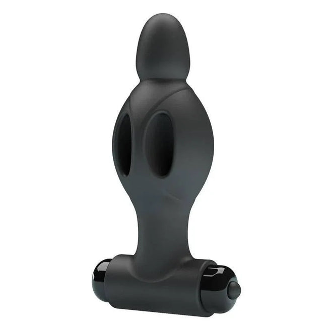 Vibrating Anal Plug in matte black silicone with cutaway design for easy insertion and comfortable wear.