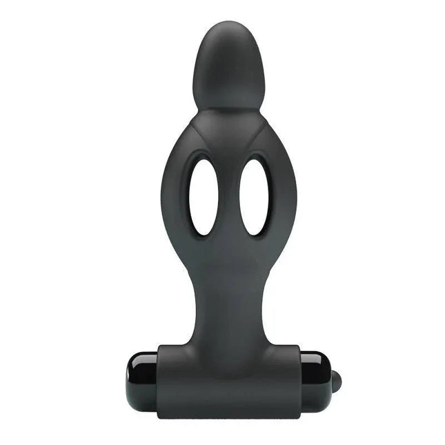 Vibrating Anal Plug in matte black silicone, featuring a smooth bulbous tip and cutaway design for easy insertion and comfort.