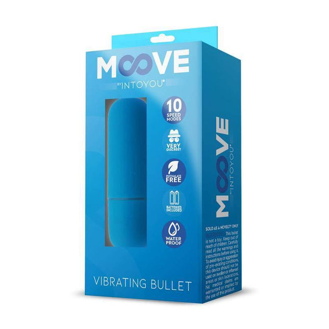 Vibrating Bullet 10 Functions Blue packaging by Moove, showcasing its 10-speed modes and waterproof features.