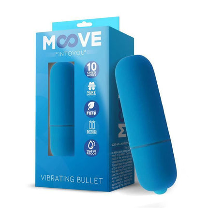 Vibrating Bullet 10 Functions Blue by Moove with packaging, showcasing 10 speed modes, soft texture, and waterproof design.