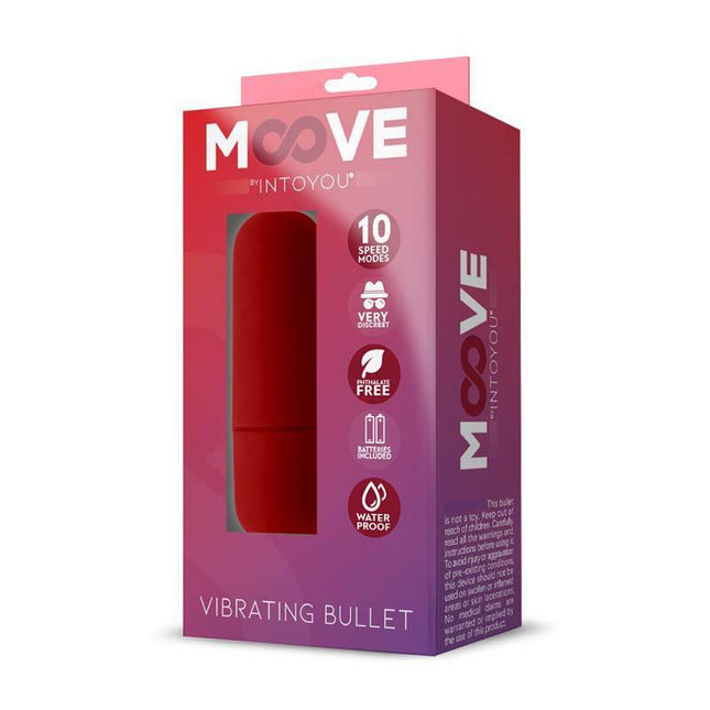 Packaging of Vibrating Bullet 10 Functions Red by Moove, a compact pleasure device for solo or partner play with 10 vibration modes.