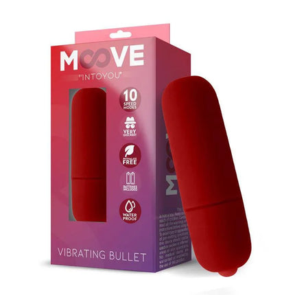 Vibrating Bullet 10 Functions Red by Moove in packaging, showcasing compact and discreet design ideal for personal or shared use.