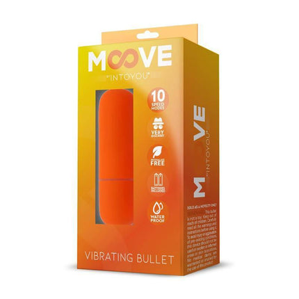 Moove Vibrating Bullet 10 Speeds Orange in packaging, showcasing ergonomic design and 10 vibration functions on vibrant orange box.