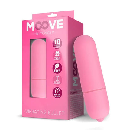Vibrating Bullet 10 Speeds Pink by Moove with packaging, featuring 10 vibration functions and waterproof design.