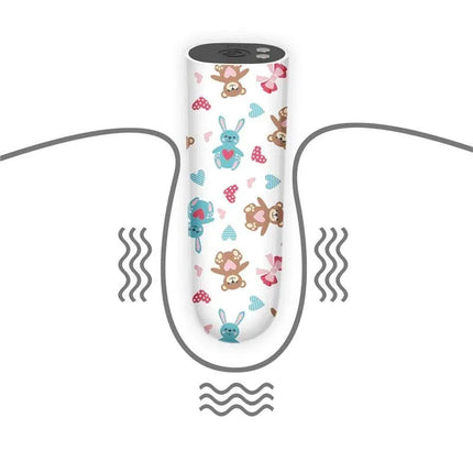 Vibrating Bullet Bear with cute animal pattern, shown with vibration waves. Compact, USB-rechargeable for discreet pleasure on-the-go.