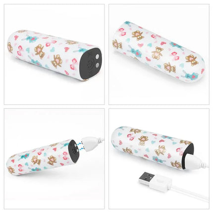 Vibrating Bullet Bear with compact design, USB-rechargeable for on-the-go pleasure, shown in various angles with charging cable.