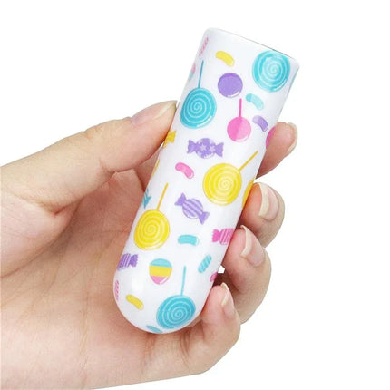 Hand holding Vibrating Bullet Lollipop personal massager with candy pattern design for discreet pleasure and portability.