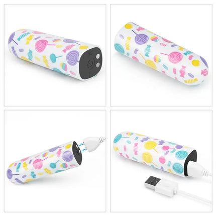 Vibrating Bullet Lollipop personal massager with charging cable, compact design for discreet portable pleasure.