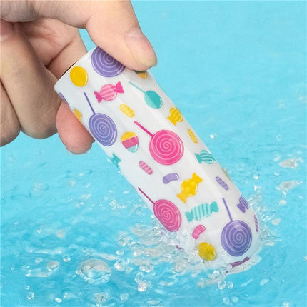 Hand holding Vibrating Bullet Lollipop massager with colorful candy design submerged in water for portable pleasure.