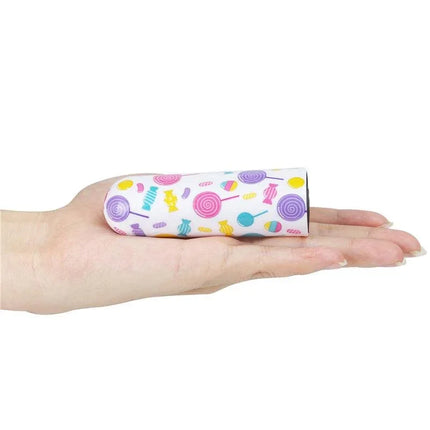 Compact Vibrating Bullet Lollipop in hand featuring colorful candy design, showcasing discreet, portable personal massager for on-the-go pleasure.