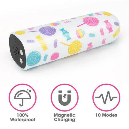 Vibrating Bullet Lollipop with colorful candy design, featuring waterproof and magnetic charging capabilities, offers 10 modes for pleasure.
