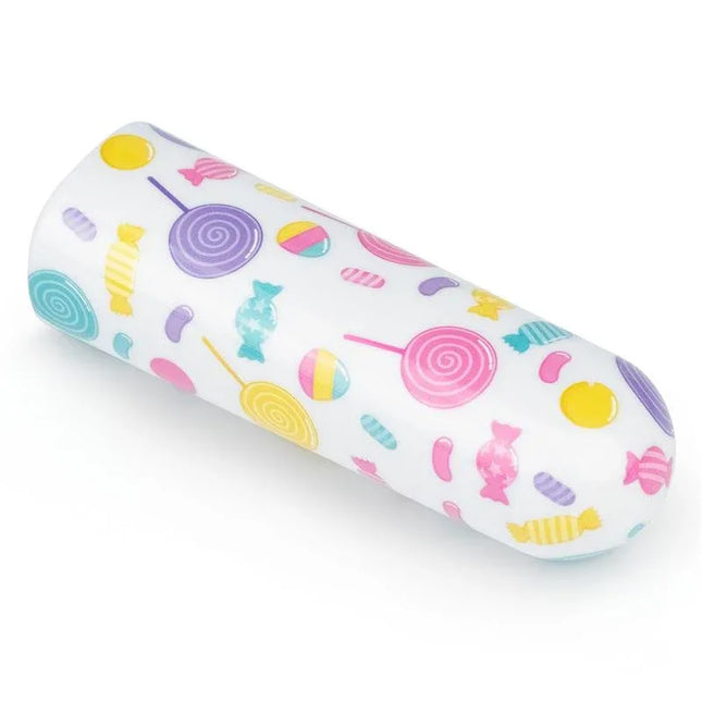 Vibrating Bullet Lollipop decorated with colorful candy design, compact personal massager for on-the-go pleasure and easy portability.