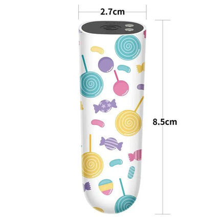 Vibrating Bullet Lollipop with colorful candy design, 8.5 cm length for portable pleasure.