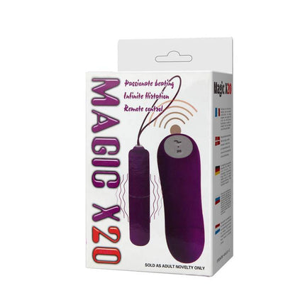 Vibrating Bullet Magic X20 Purple in packaging featuring remote control and 20 vibration settings, compact and discreet design.